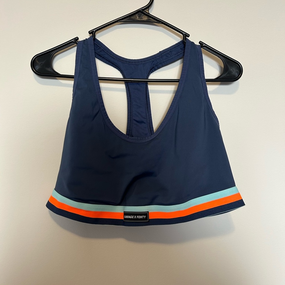 Savage X Fenty Navy Sports Bra with Orange and Light Blue Accents